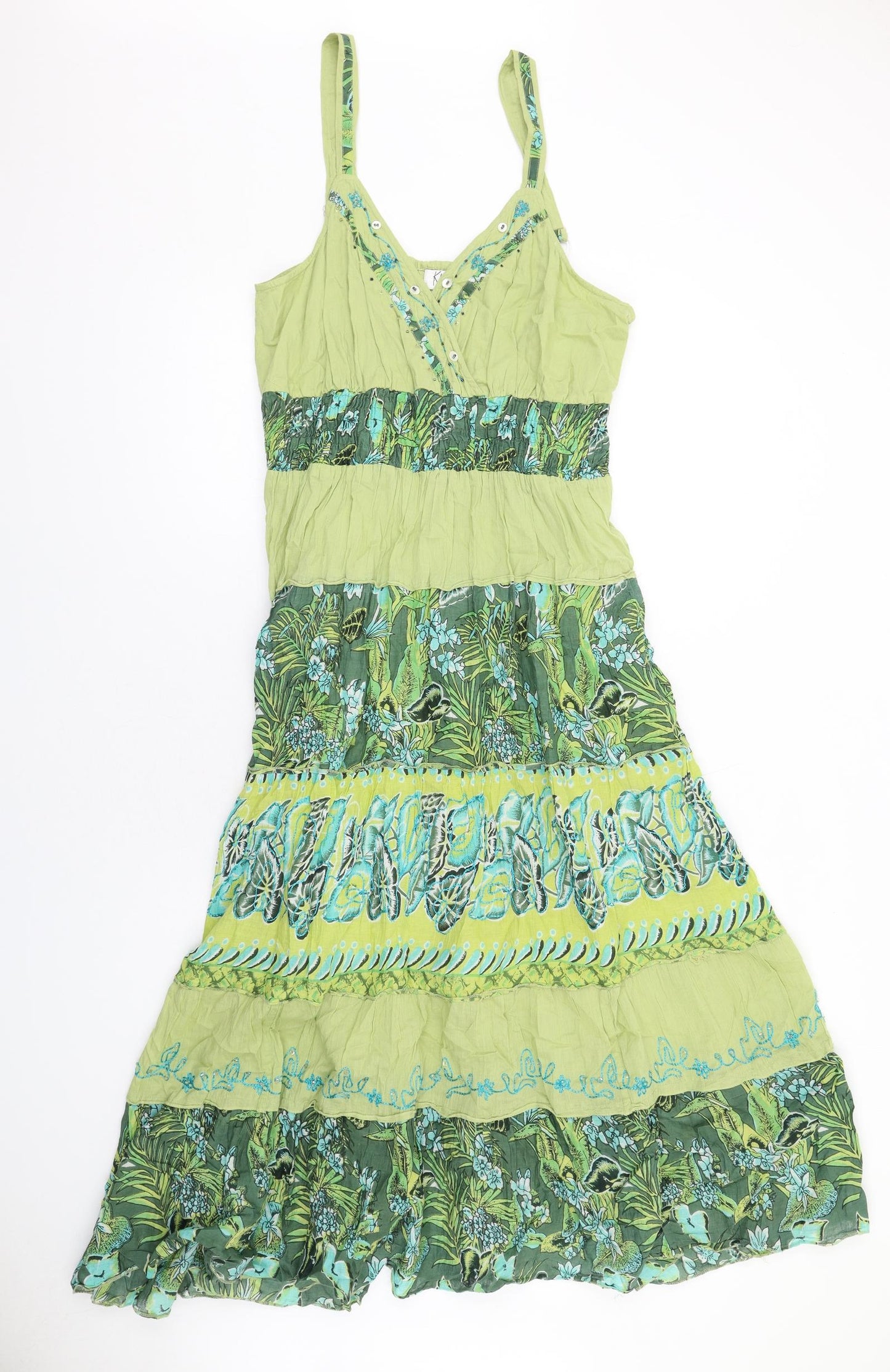 Klass Womens Green Geometric Cotton A-Line Size 16 V-Neck Pullover