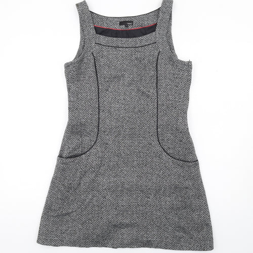 NEXT Womens Grey Herringbone Acrylic Pinafore/Dungaree Dress Size 14 Round Neck Zip