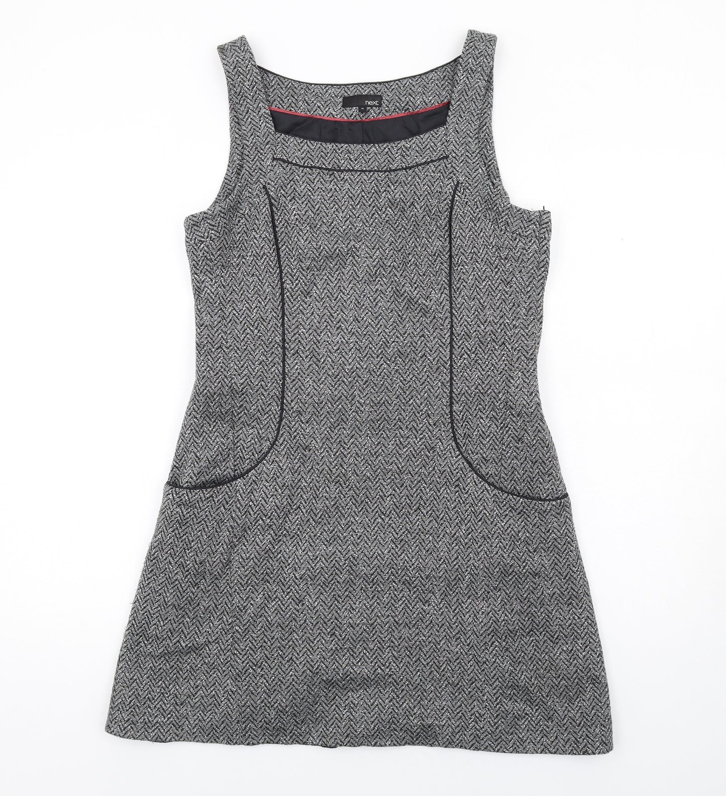 NEXT Womens Grey Herringbone Acrylic Pinafore/Dungaree Dress Size 14 Round Neck Zip