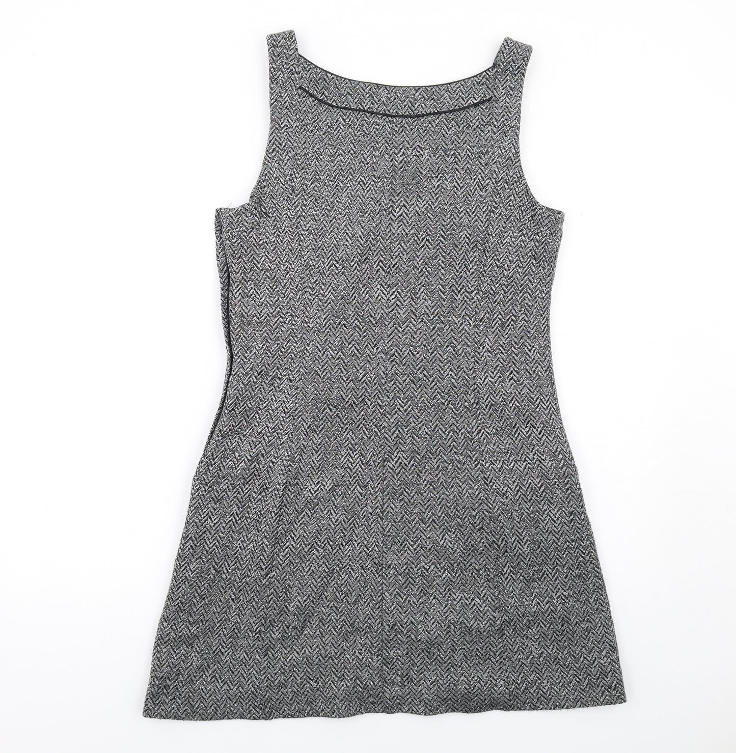 NEXT Womens Grey Herringbone Acrylic Pinafore/Dungaree Dress Size 14 Round Neck Zip