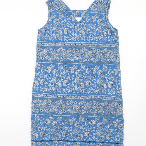 NEXT Womens Blue Geometric Linen A-Line Size 10 V-Neck Pullover