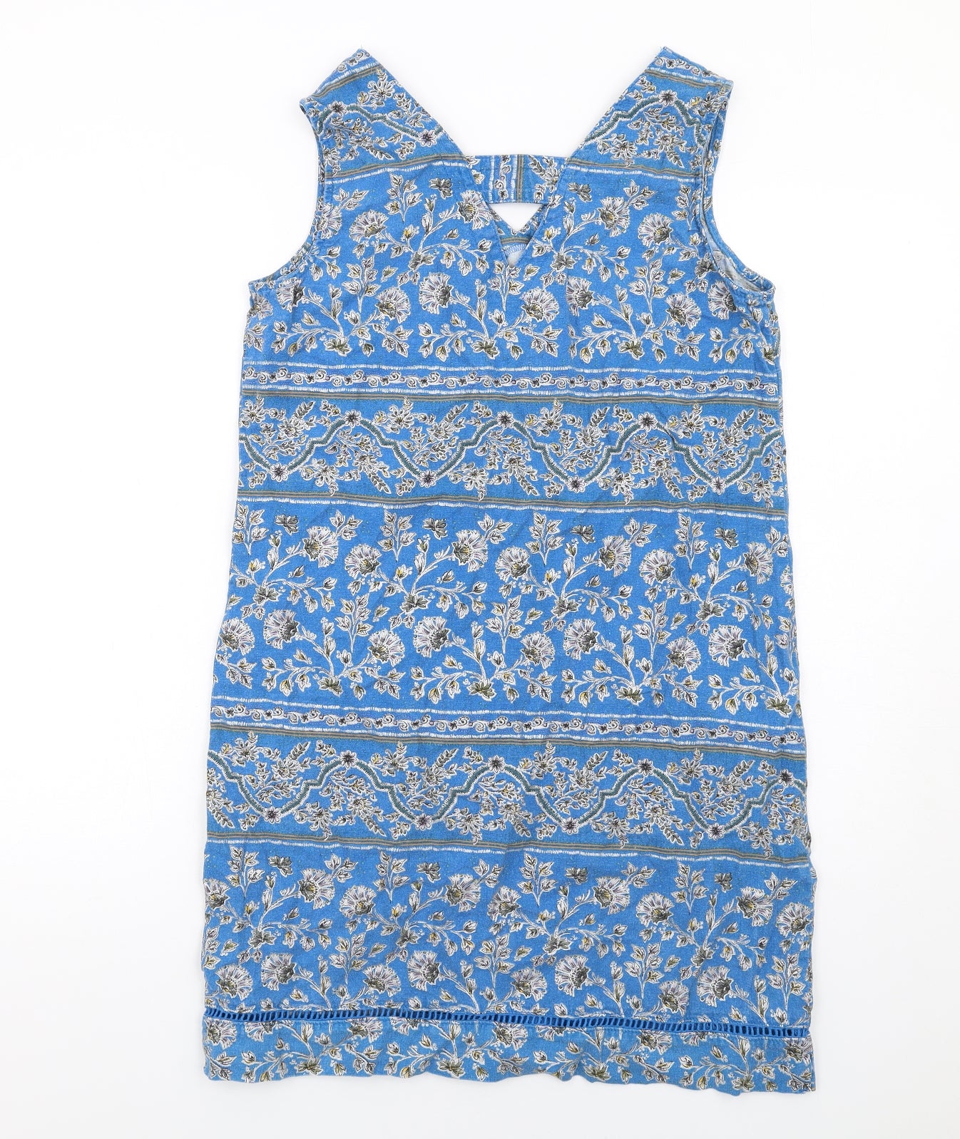 NEXT Womens Blue Geometric Linen A-Line Size 10 V-Neck Pullover