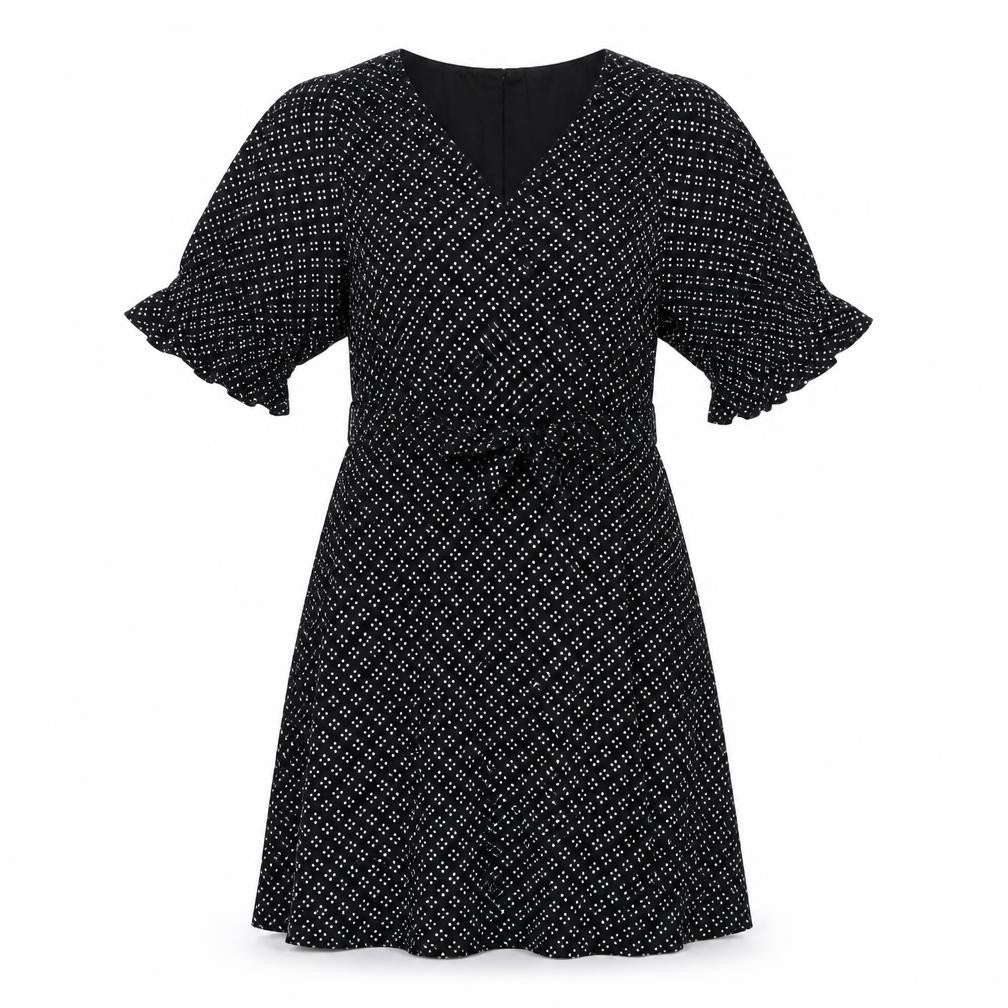 Front view of Gap women’s black geometric viscose a-line, size M, v-neck pullover