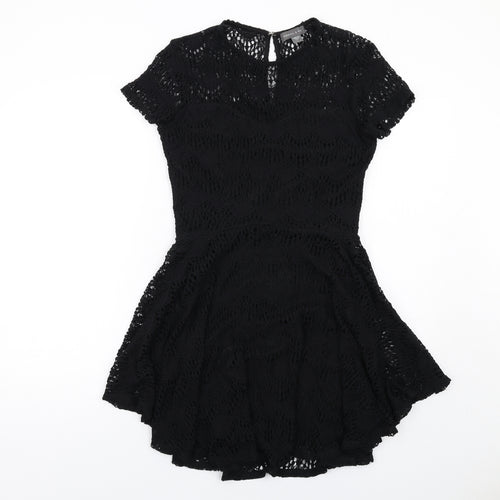 Kendall And Kylie Womens Black Geometric Cotton Fit & Flare Size L Round Neck Zip
