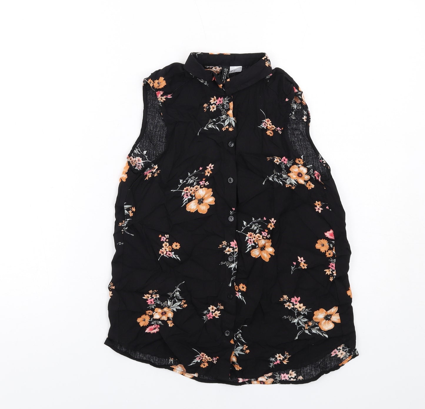 H&M Womens Black Floral Viscose Basic Button-Up Size 4 Collared