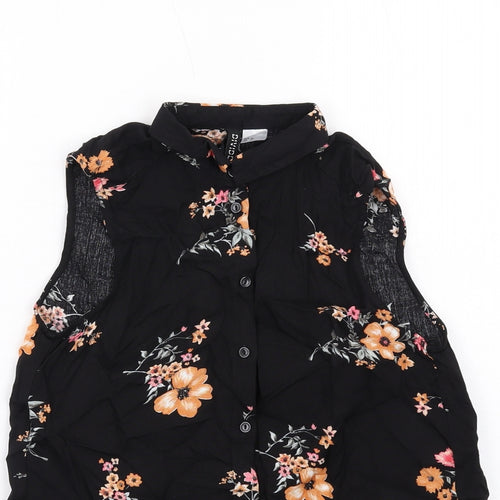 H&M Womens Black Floral Viscose Basic Button-Up Size 4 Collared