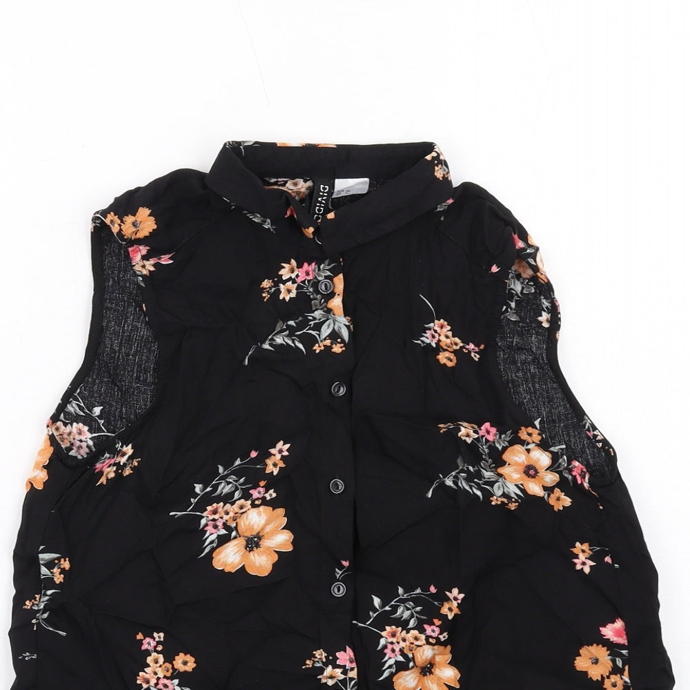 H&M Womens Black Floral Viscose Basic Button-Up Size 4 Collared