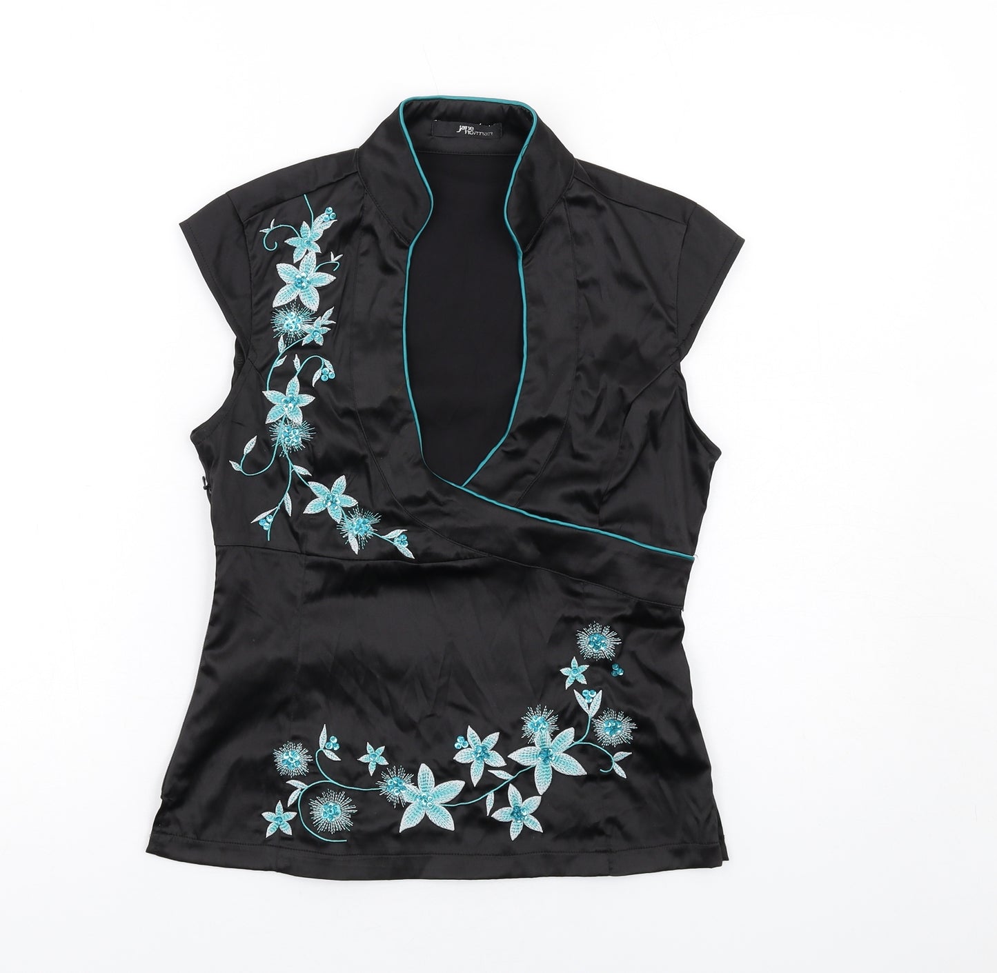 Jane Norman Womens Black Polyester Basic Blouse Size 12 V-Neck - Flower Detail