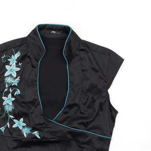 Jane Norman Womens Black Polyester Basic Blouse Size 12 V-Neck - Flower Detail