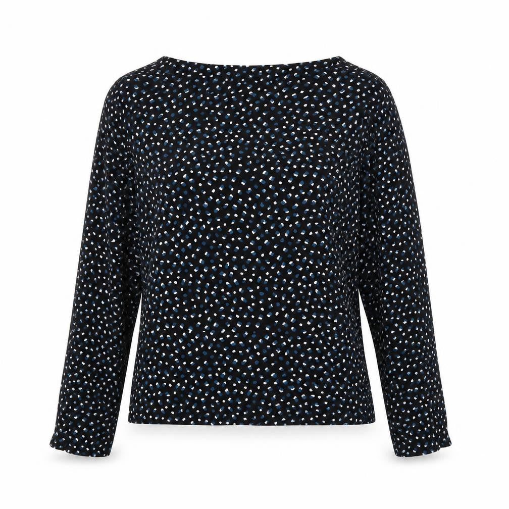 Front view of Marks & Spencer women’s black geometric viscose basic blouse, size UK 6, round neck