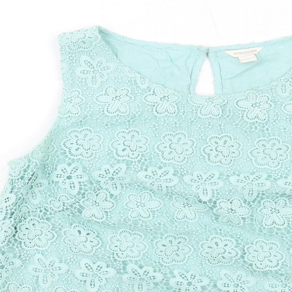 Monsoon Womens Blue Floral Polyester Basic Tank Size 12 Round Neck