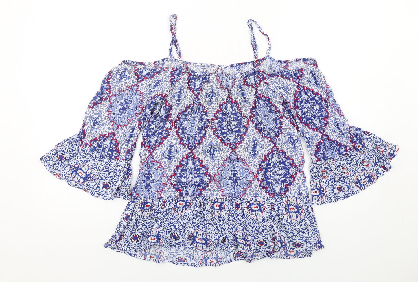 Indigo Womens Blue Geometric Viscose Basic Blouse Size 8 Off the Shoulder