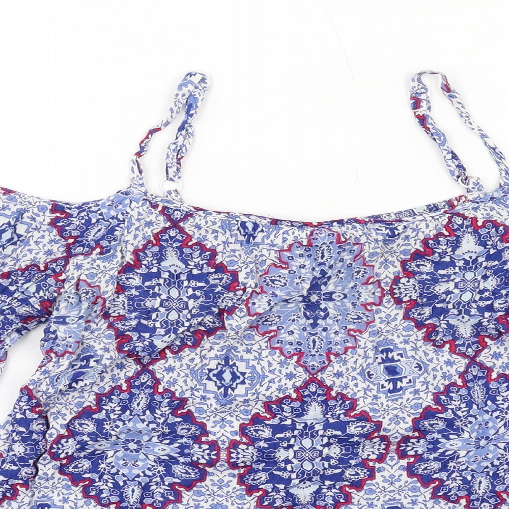 Indigo Womens Blue Geometric Viscose Basic Blouse Size 8 Off the Shoulder