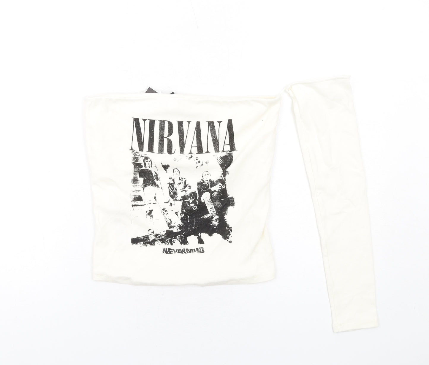 Bershka Womens Ivory Cotton Basic T-Shirt Size L One Shoulder - Nirvana