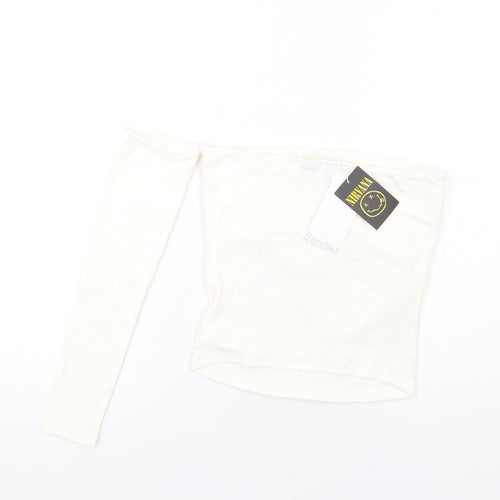 Bershka Womens Ivory Cotton Basic T-Shirt Size L One Shoulder - Nirvana