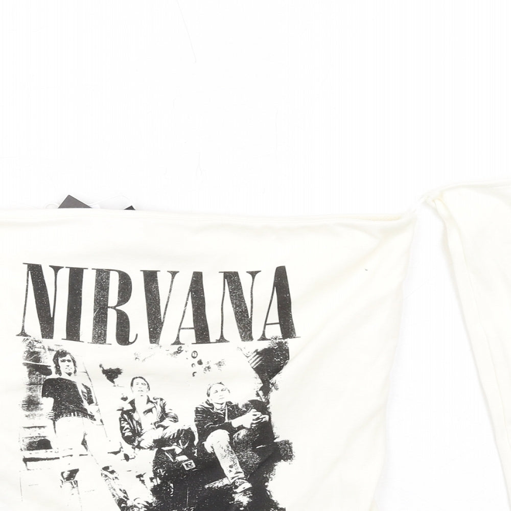 Bershka Womens Ivory Cotton Basic T-Shirt Size L One Shoulder - Nirvana