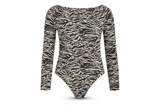 Front view of I SAW IT FIRST women’s beige animal print viscose bodysuit one-piece, size UK 10, pullover - tiger print