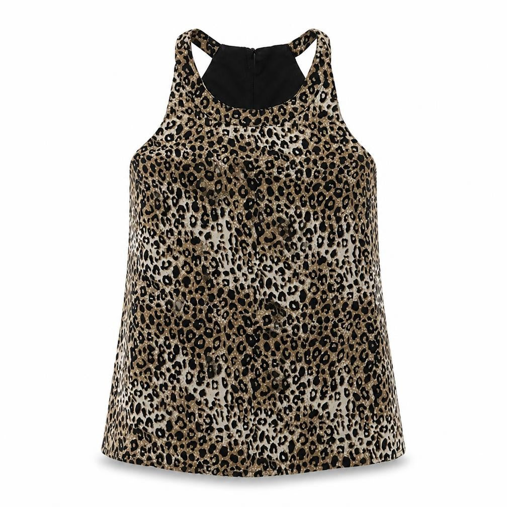 Front view of Pigalle women’s brown animal print polyester basic tank, size UK 8, round neck - leopard print