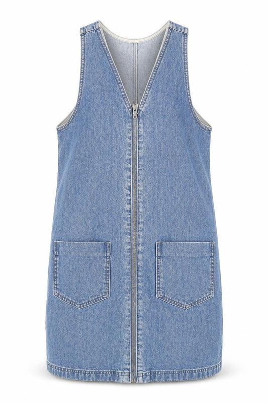 Front view of Topshop women’s blue cotton pinafore/dungaree dress, size UK 8, v-neck zip