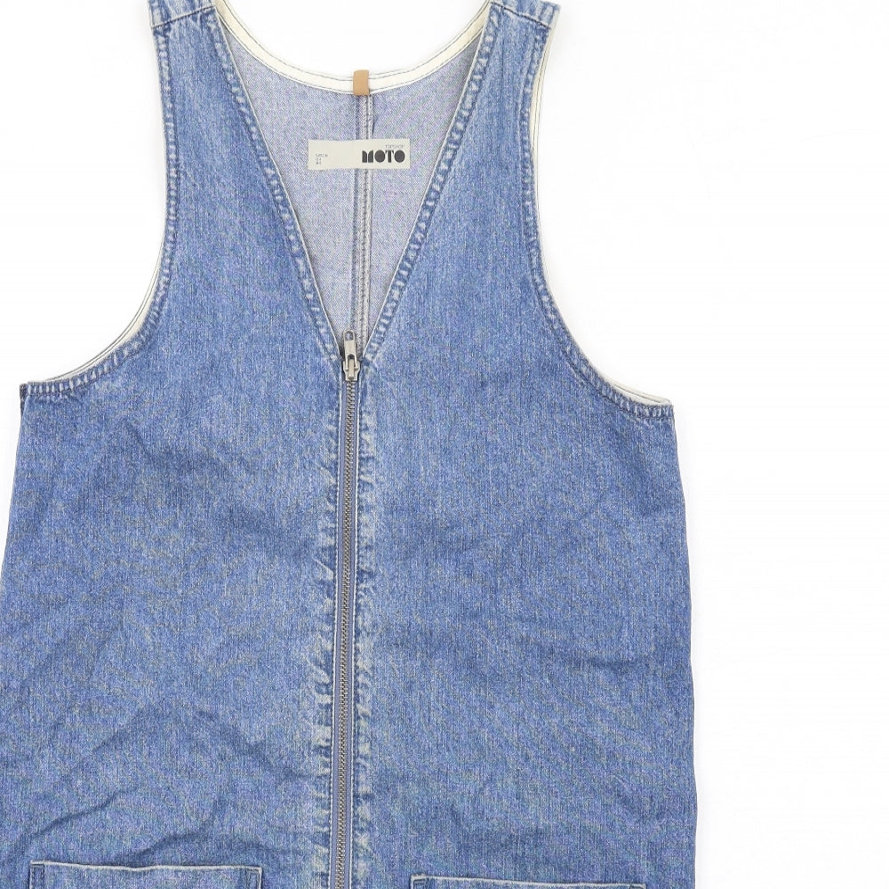 Topshop Womens Blue Cotton Pinafore/Dungaree Dress Size 8 V-Neck Zip