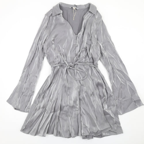 NEXT Womens Silver Viscose Skater Dress Size 10 Collared Button