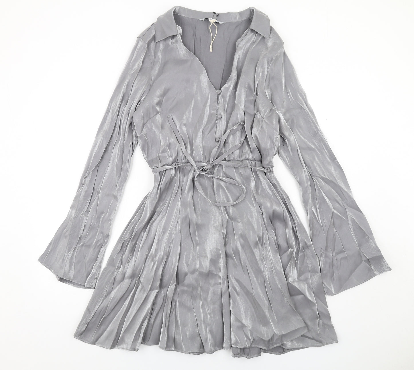 NEXT Womens Silver Viscose Skater Dress Size 10 Collared Button