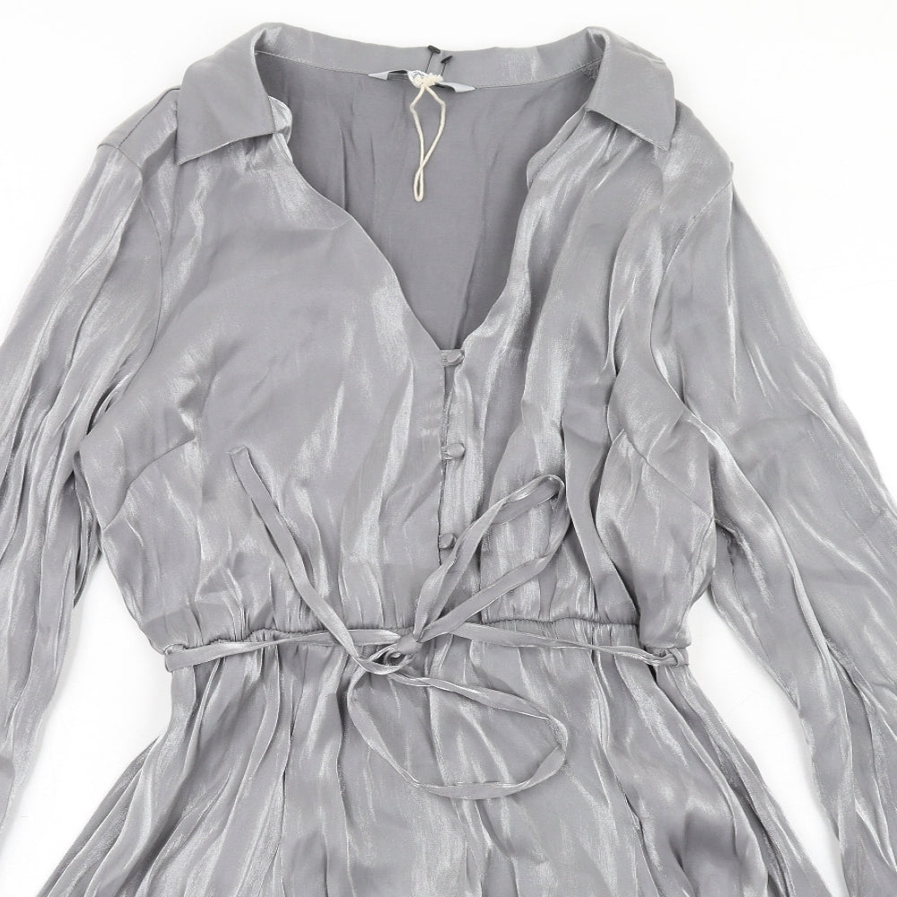 NEXT Womens Silver Viscose Skater Dress Size 10 Collared Button