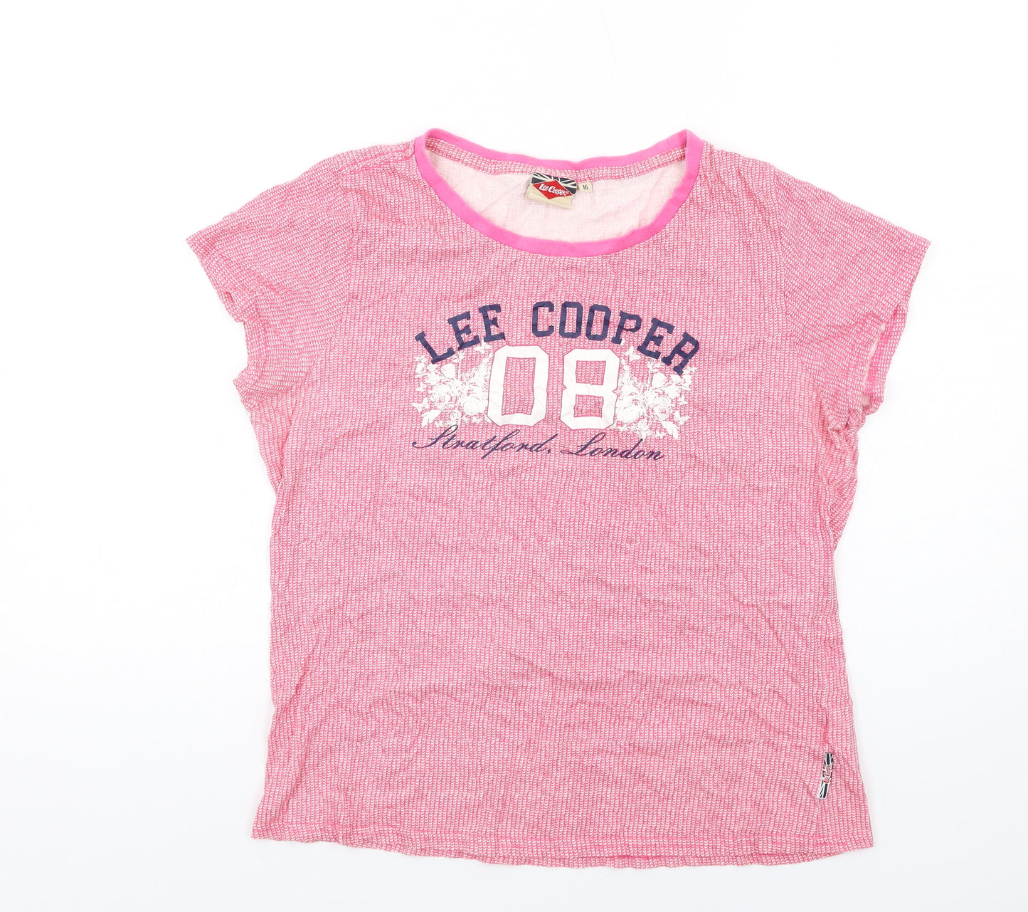 Lee Cooper Womens Pink Geometric Cotton Basic T-Shirt Size 16 Round Neck