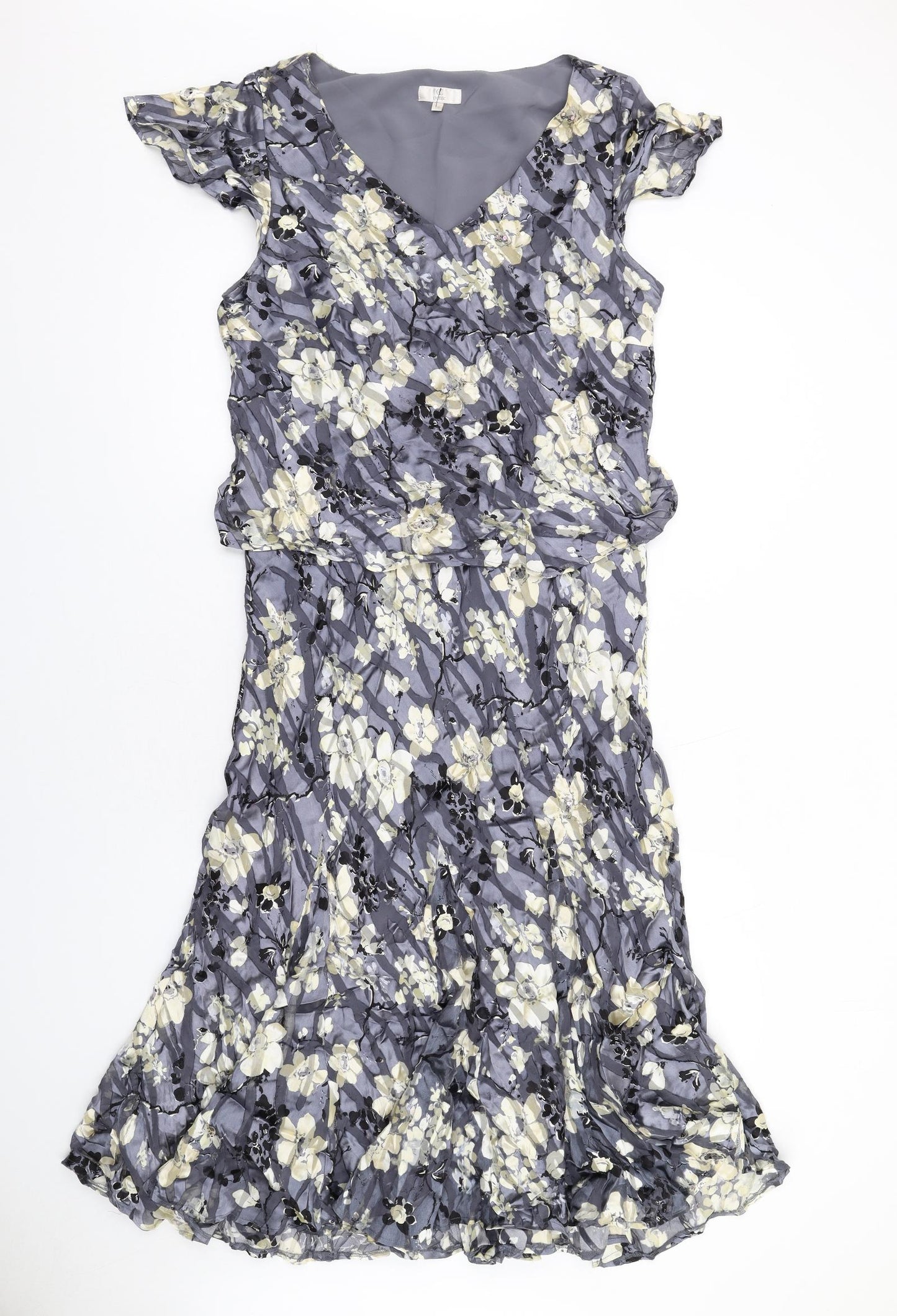 CC Womens Grey Floral Viscose A-Line Size 16 V-Neck Pullover