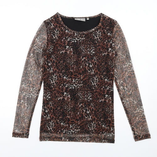 fransa Womens Brown Animal Print Polyester Basic T-Shirt Size XS Round Neck - Leopard Print, Sheer Sleeves