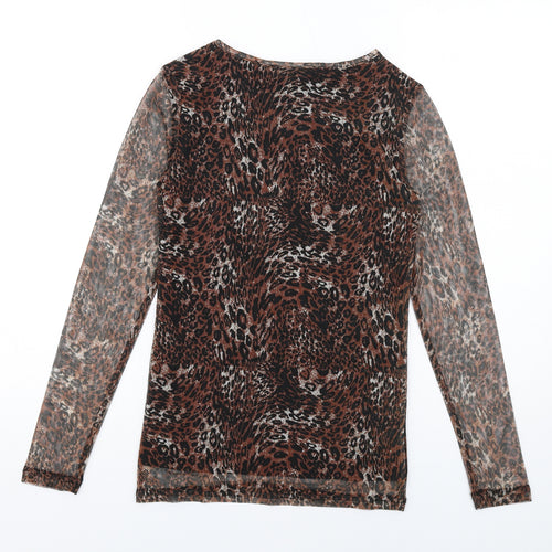 fransa Womens Brown Animal Print Polyester Basic T-Shirt Size XS Round Neck - Leopard Print, Sheer Sleeves