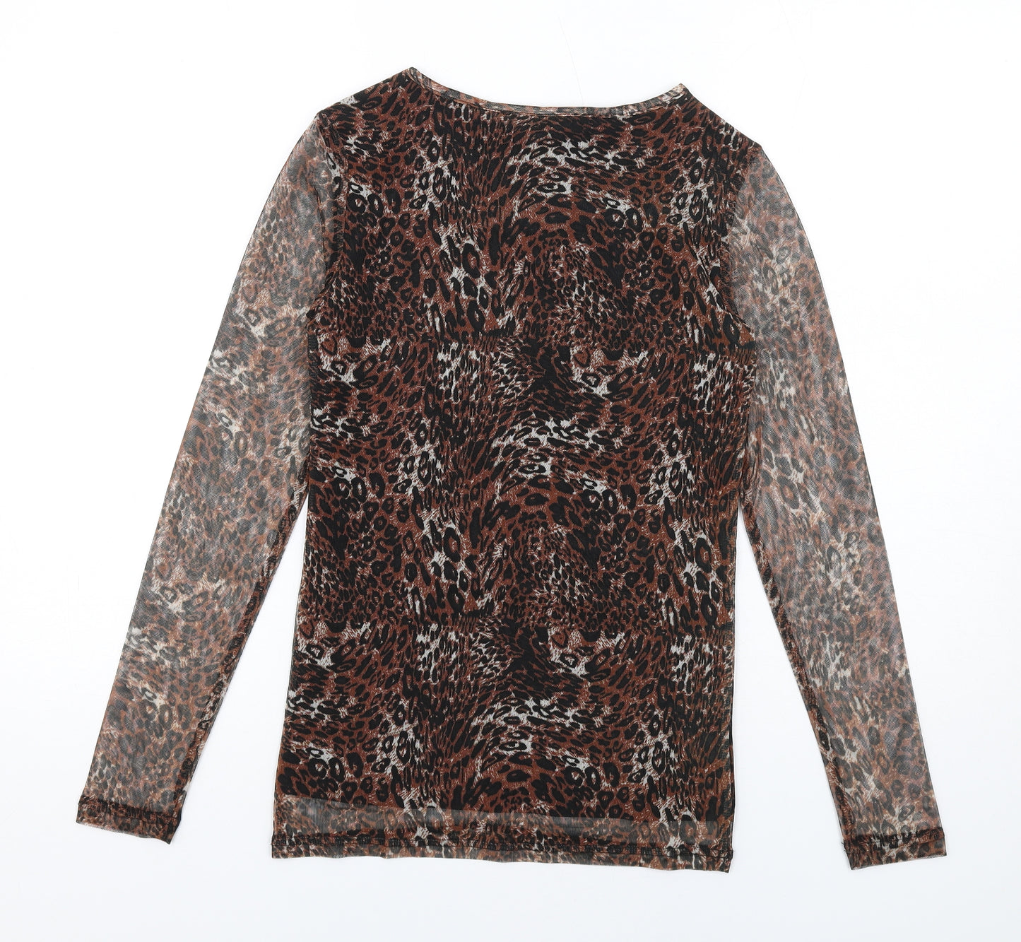 fransa Womens Brown Animal Print Polyester Basic T-Shirt Size XS Round Neck - Leopard Print, Sheer Sleeves