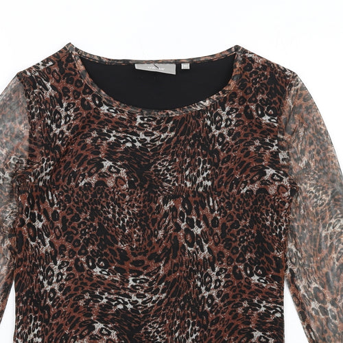 fransa Womens Brown Animal Print Polyester Basic T-Shirt Size XS Round Neck - Leopard Print, Sheer Sleeves
