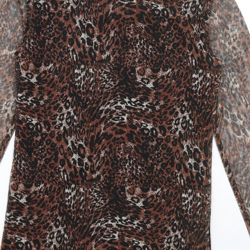 fransa Womens Brown Animal Print Polyester Basic T-Shirt Size XS Round Neck - Leopard Print, Sheer Sleeves