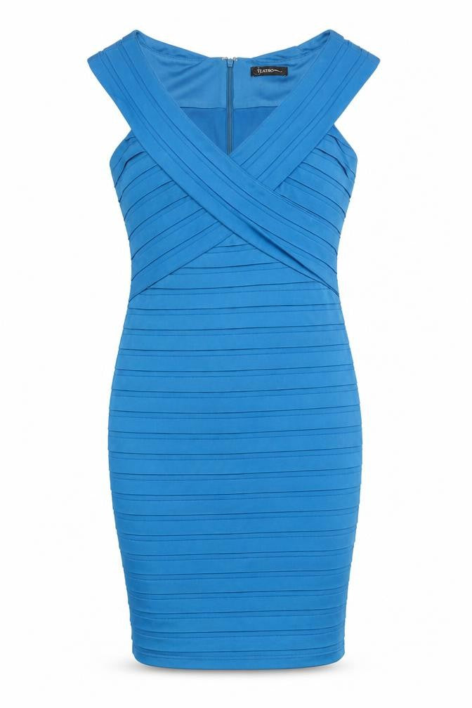 Teatro Womens Blue Polyester Pencil Dress Size 10 V-Neck Zip - Textured