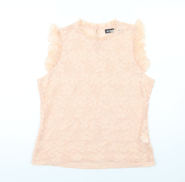 Allegra K Womens Pink Floral Nylon Basic Tank Size L Round Neck