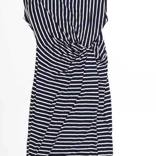 Dorothy Perkins Womens Blue Striped Viscose T-Shirt Dress Size 14 Boat Neck Pullover - Twist Front Detail