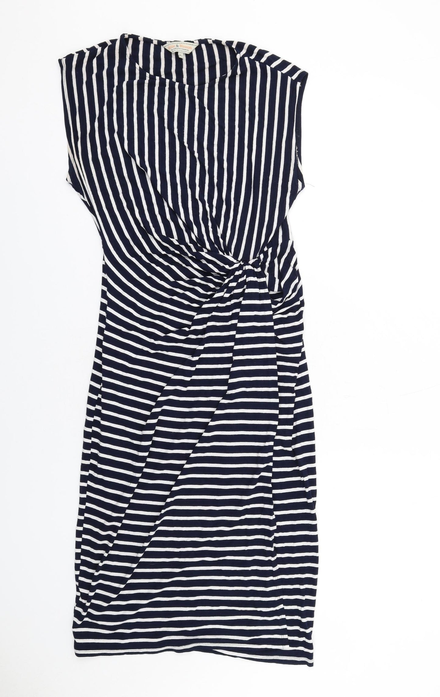 Dorothy Perkins Womens Blue Striped Viscose T-Shirt Dress Size 14 Boat Neck Pullover - Twist Front Detail
