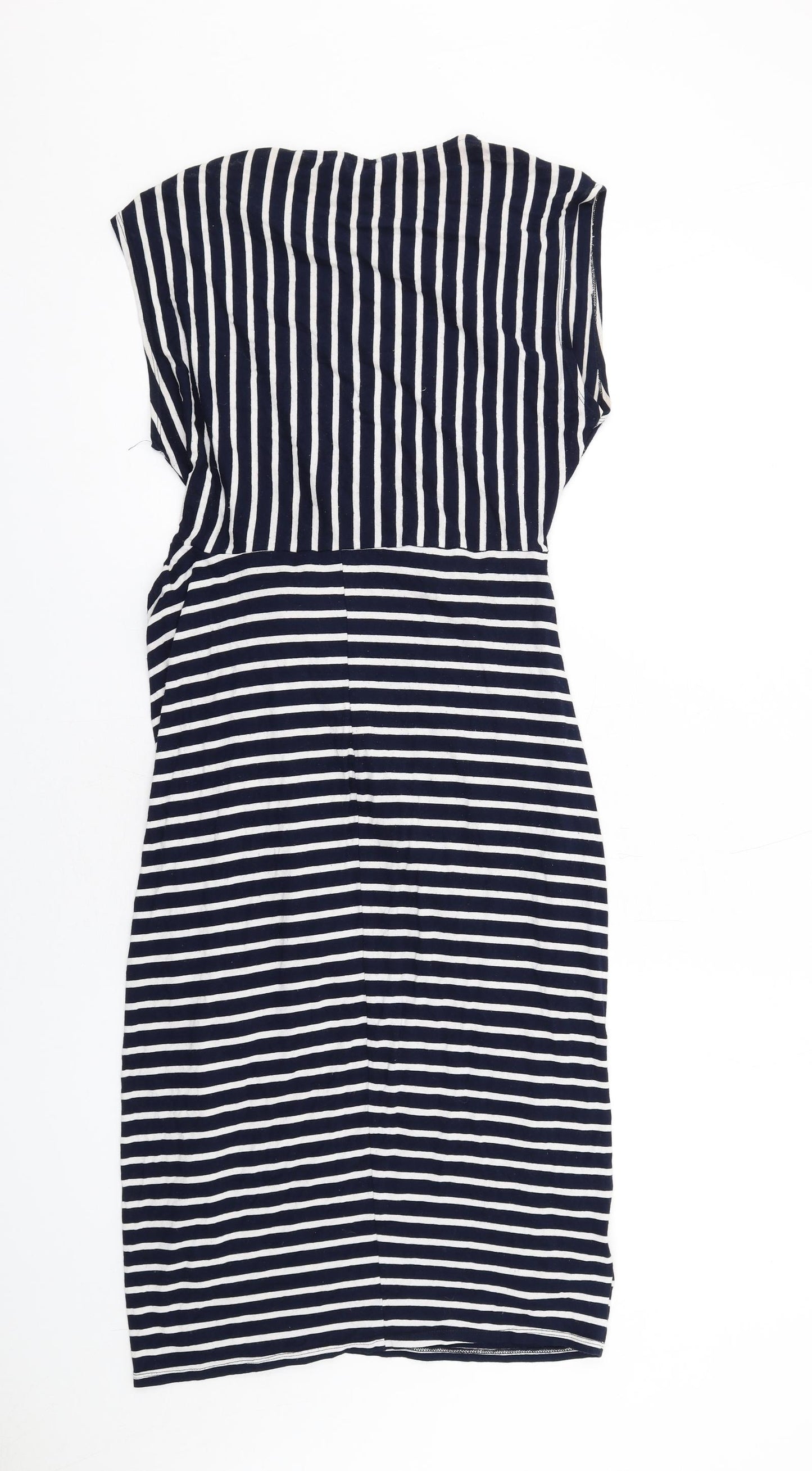 Dorothy Perkins Womens Blue Striped Viscose T-Shirt Dress Size 14 Boat Neck Pullover - Twist Front Detail