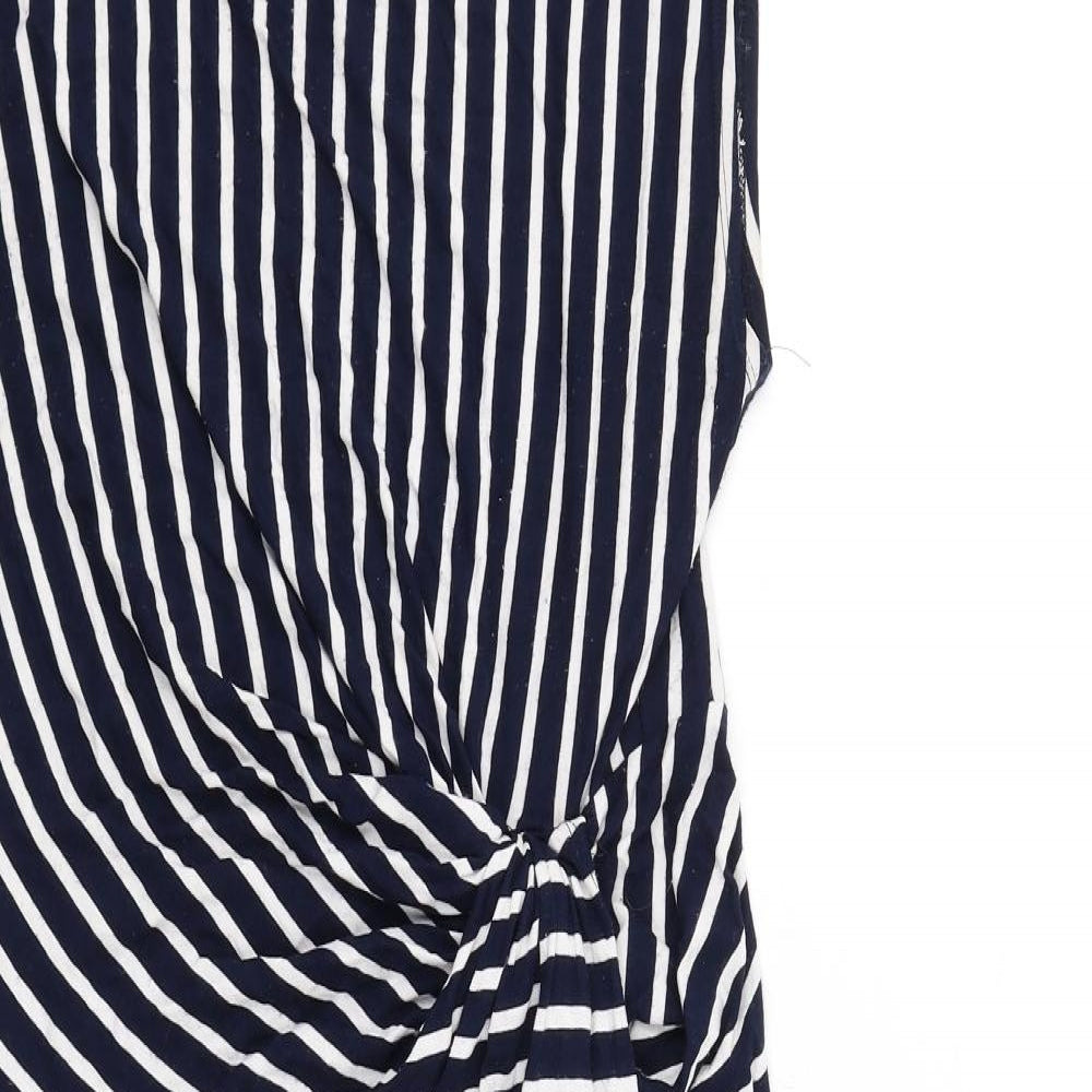 Dorothy Perkins Womens Blue Striped Viscose T-Shirt Dress Size 14 Boat Neck Pullover - Twist Front Detail