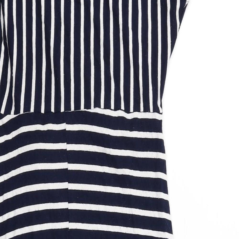 Dorothy Perkins Womens Blue Striped Viscose T-Shirt Dress Size 14 Boat Neck Pullover - Twist Front Detail