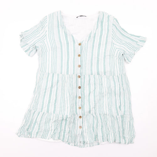 In the Style Womens Green Striped Polyester Basic Button-Up Size 14 V-Neck