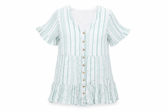 Front view of In the Style women’s green striped polyester basic button-up, size UK 14, v-neck