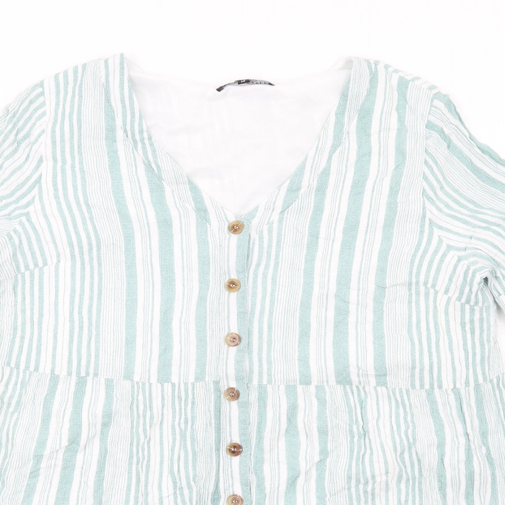 In the Style Womens Green Striped Polyester Basic Button-Up Size 14 V-Neck