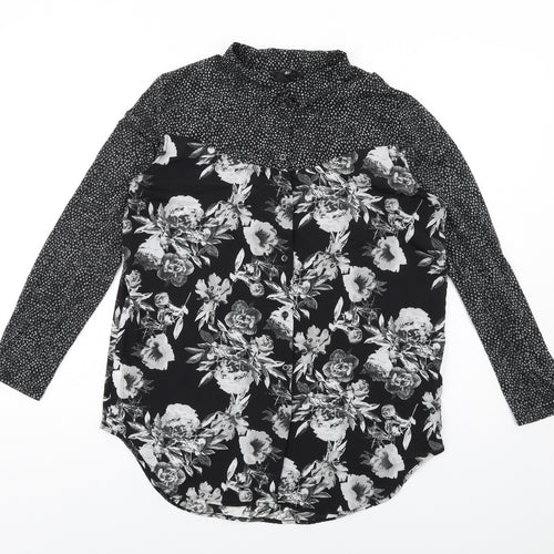 H&M Womens Black Floral Polyester Basic Button-Up Size XS Collared