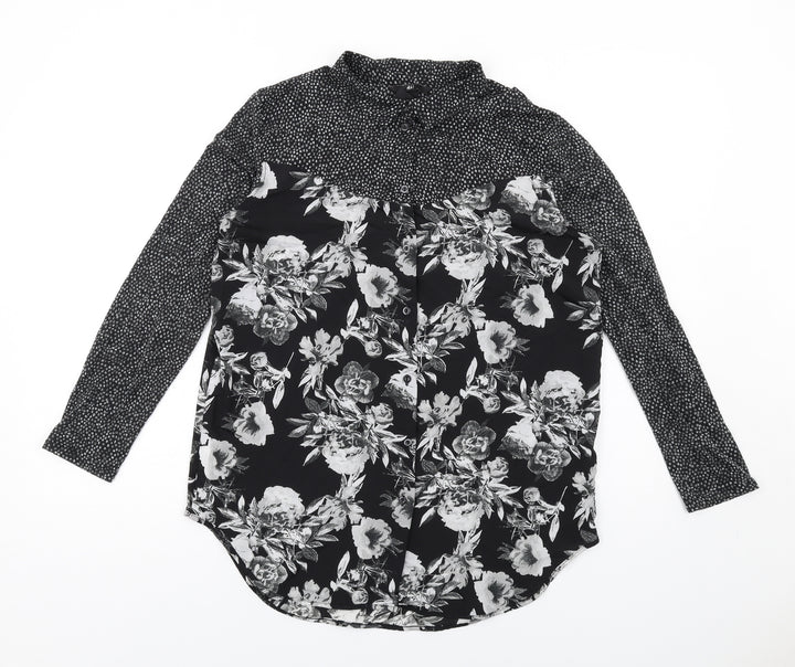 H&M Womens Black Floral Polyester Basic Button-Up Size XS Collared