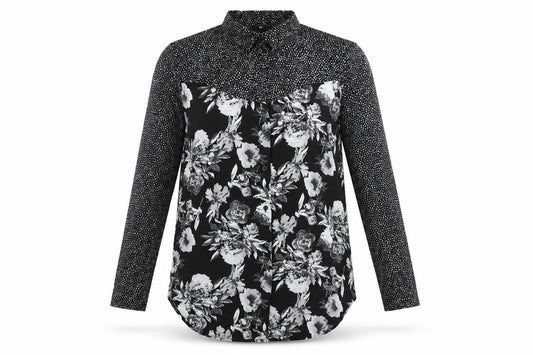 Front view of H&M women’s black floral polyester basic button-up, size XS, collared