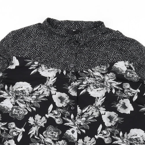 H&M Womens Black Floral Polyester Basic Button-Up Size XS Collared