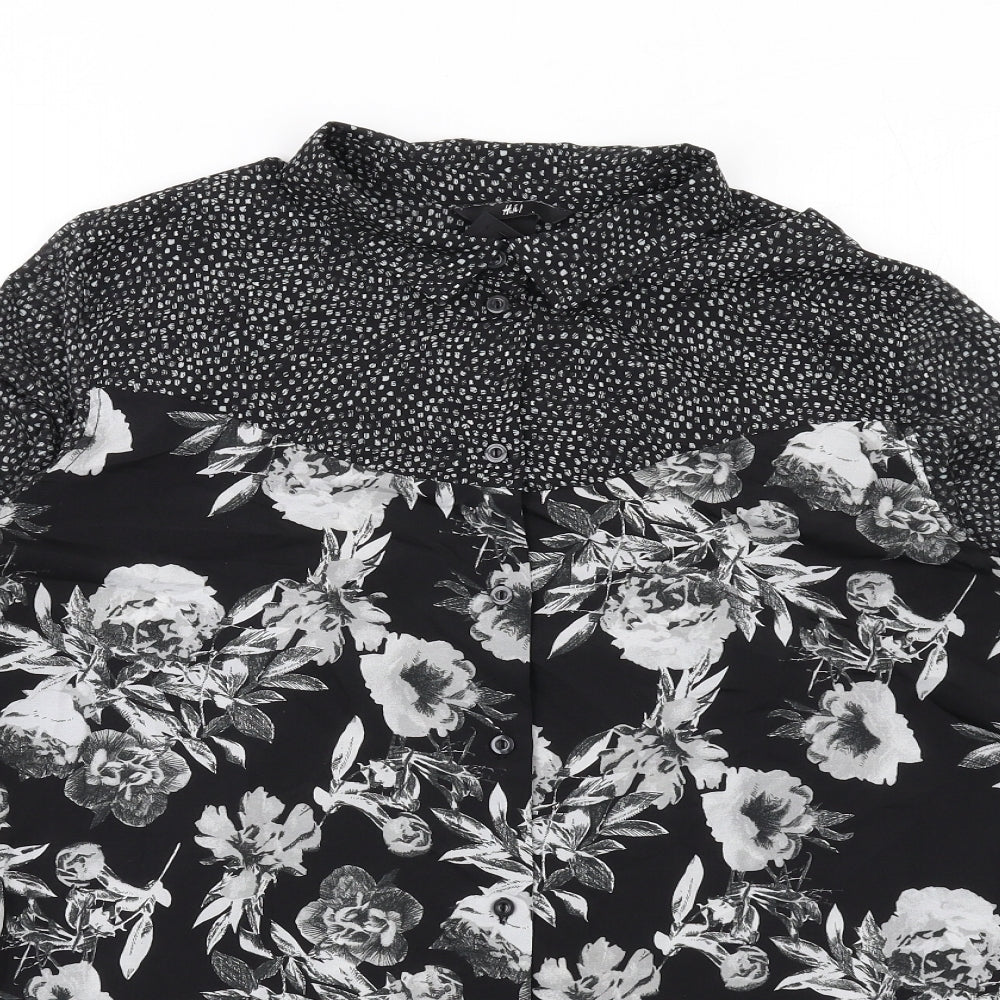 H&M Womens Black Floral Polyester Basic Button-Up Size XS Collared
