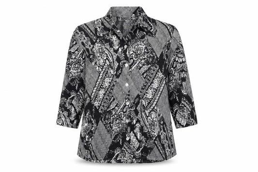 Front view of Gerry Weber women’s black geometric polyester basic button-up, size UK 14, collared